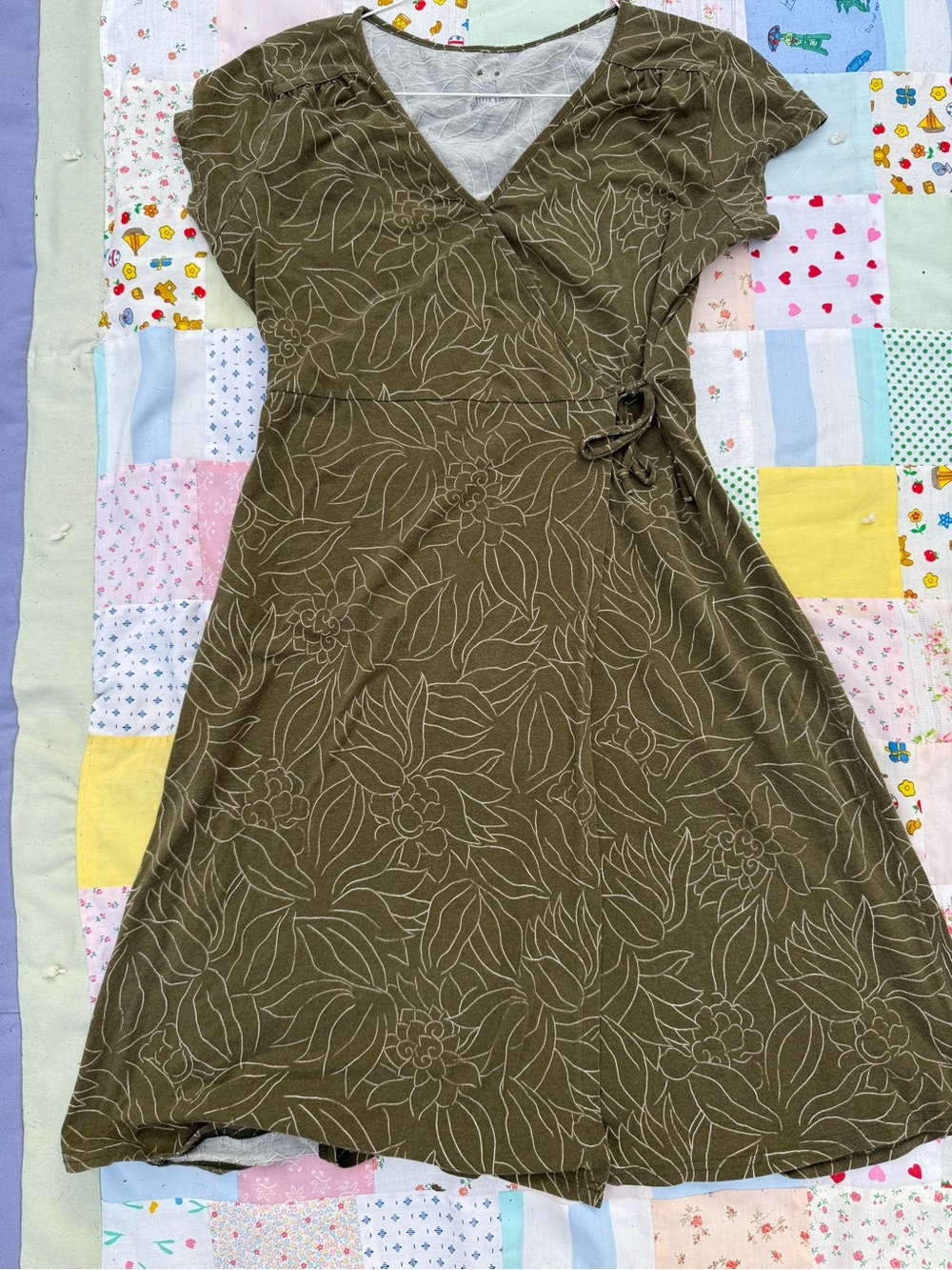 Floral Olive Wrap Dress with Side Tie - Women